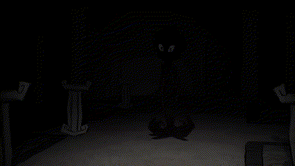 a black and white cartoon character is standing in the dark .