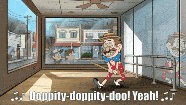 a cartoon of a man holding a cane with the words " doppity-doppity-doo yeah ! "