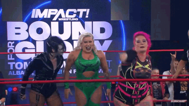 a group of women in a wrestling ring with the words impact wrestling bound glory behind them