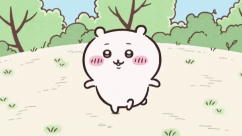 a cartoon hamster is standing in the grass in a field .