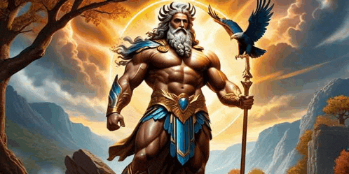 a painting of zeus , the greek god of the sun , holding a cane and a bird flying around him .