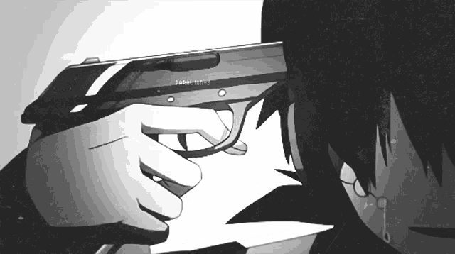 a black and white drawing of a person holding a gun with the word double taps on it