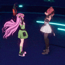 a girl with long pink hair is dancing with another girl