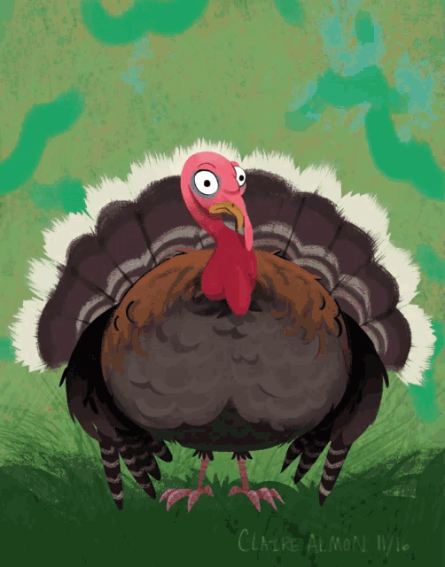 a drawing of a turkey with claire almon written below it