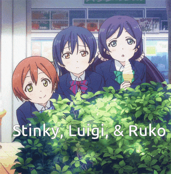 three anime girls standing next to each other with the words " stinky luigi & ruko " on the bottom