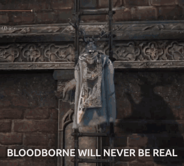 a screenshot of a video game with the words bloodborne will never be real at the bottom