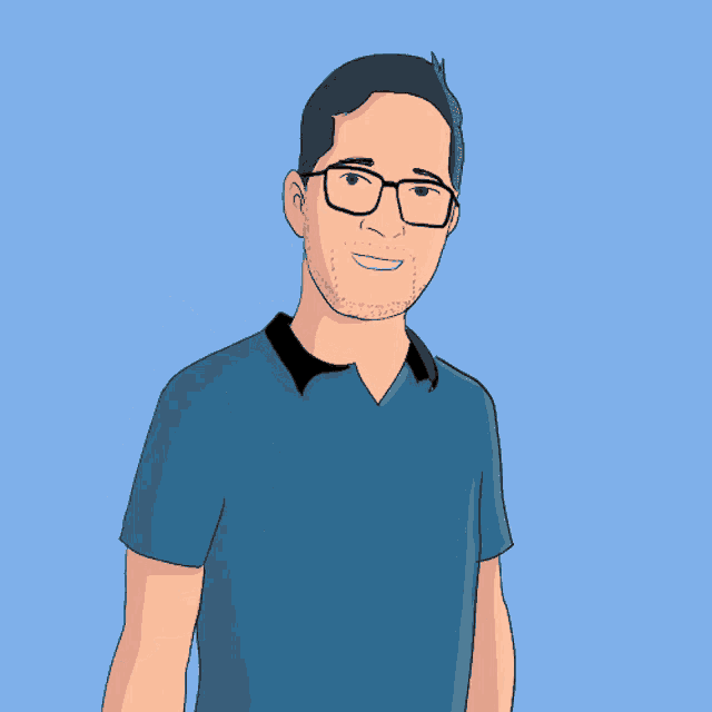 a cartoon drawing of a man wearing glasses and a blue shirt giving a thumbs up