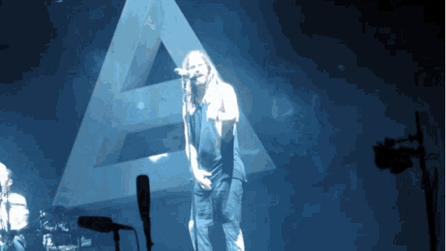 a woman singing into a microphone in front of a triangle