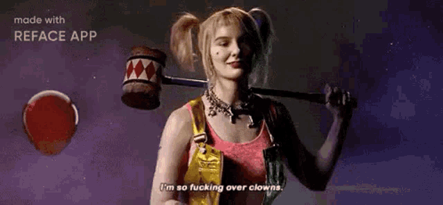 harley quinn from harley quinn 's birds of prey is holding a bat and a hammer .