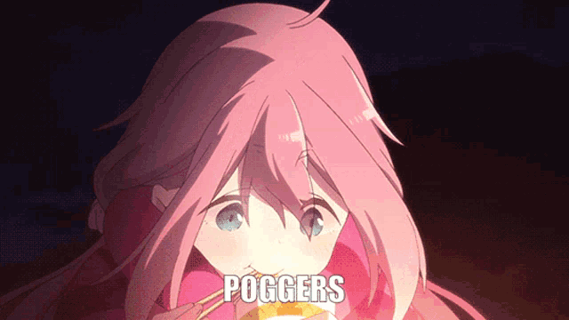 a pink haired anime girl with the word poggers on the bottom left
