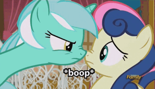 two ponies are looking at each other and the word boop is on the screen