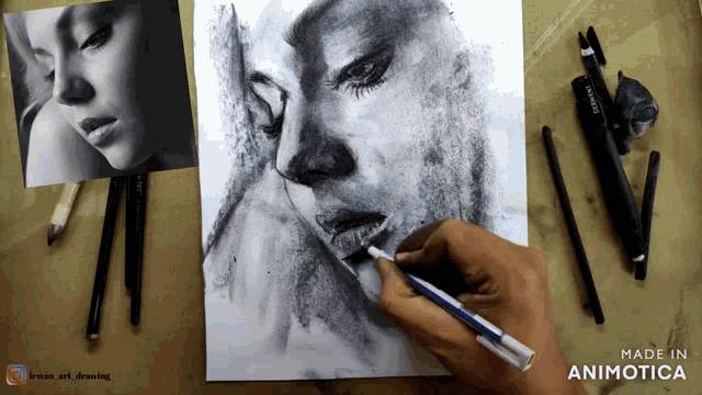 a drawing of a woman 's face is being made by animatica