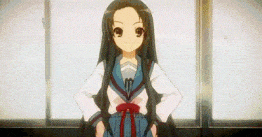 a girl with long black hair is standing in front of a window with her hands on her hips