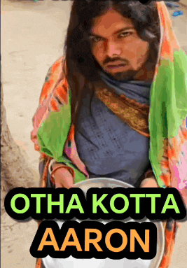 a man with long hair is holding a plate with the words " otha kotta aaron " on it