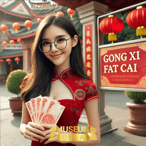 a woman in a red dress is holding money in front of gong xi fat cai