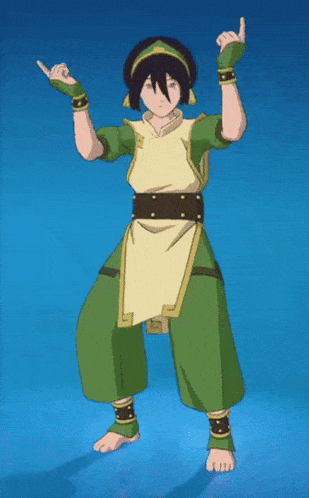 a person in a green and white outfit is standing on a blue background .