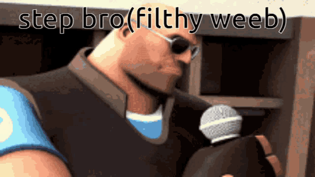 a cartoon character is singing into a microphone with the words step bro filthy weeb