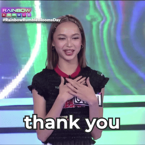 a woman with her hands on her chest and the words thank you below her