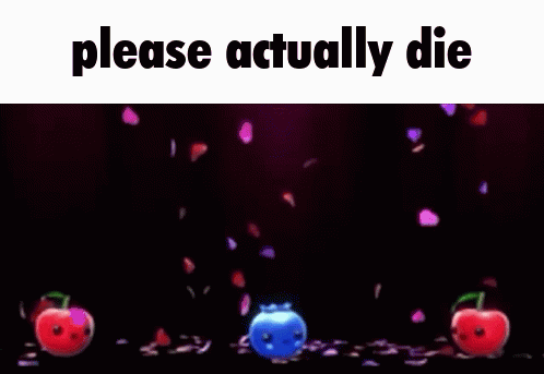 a purple background with three apples and a blueberry on it and the words `` please actually die ''