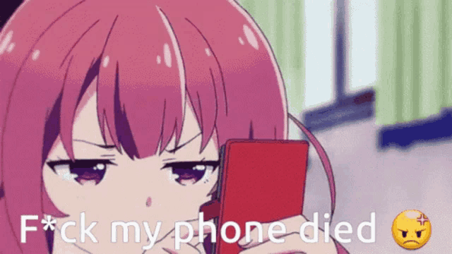a girl with pink hair is holding a cell phone with the words " f * ck my phone died "