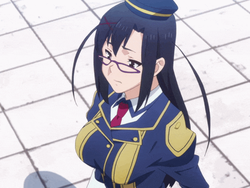 a girl with glasses and a hat is wearing a blue jacket