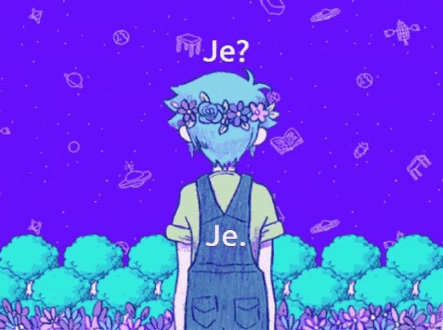 a drawing of a boy with a flower crown on his head and the words je on the back
