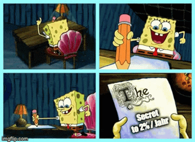 a collage of four images of spongebob holding a pencil and writing on a piece of paper