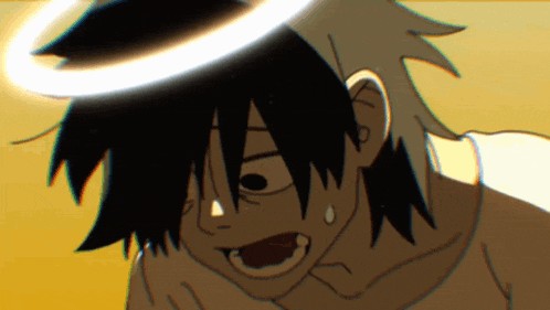 a cartoon character with a halo on his head and a tear coming out of his eye