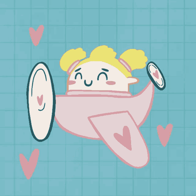 a cartoon character is flying in a pink airplane with hearts around it