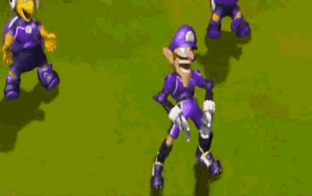 a cartoon character in a purple outfit is standing on a green field .