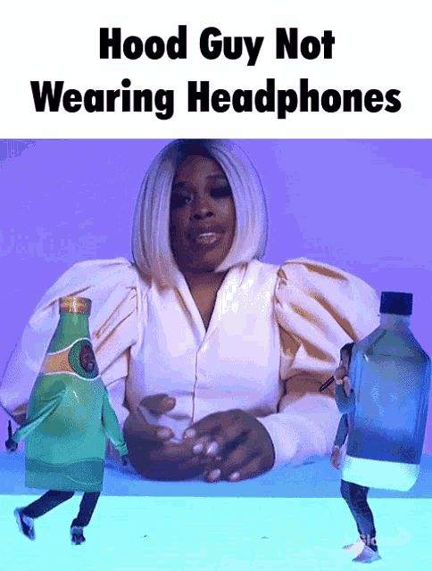 a cartoon of a woman wearing headphones and a bottle