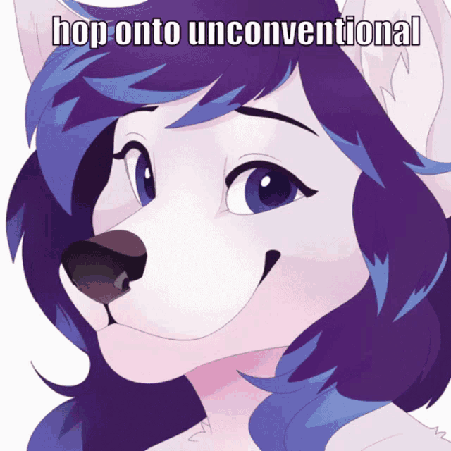 a cartoon drawing of a wolf with the words hop onto unconventional below it