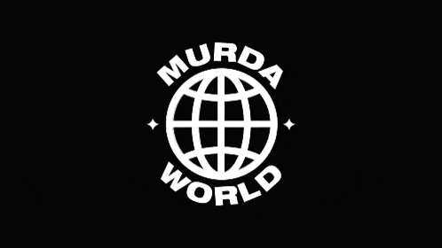 a white logo with a globe and the words murda world written inside of it on a black background .