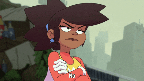 a cartoon character with the word no written on her arm