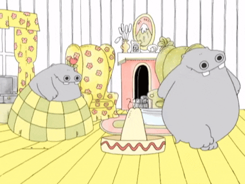 a cartoon drawing of a hippopotamus in a living room with a hat that says ' hot sauce ' on it