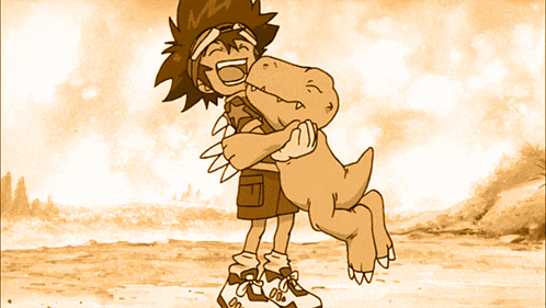 a cartoon of a boy hugging a dinosaur with the letter t on his shoes