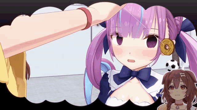 a girl with purple hair and a coin in her ear