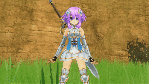 a girl with purple hair and white feathers surrounding her