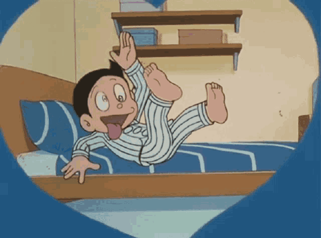 a cartoon character laying on a bed with his tongue hanging out