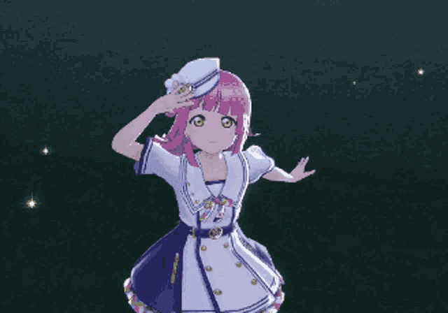 a girl with pink hair is wearing a white hat and a dress