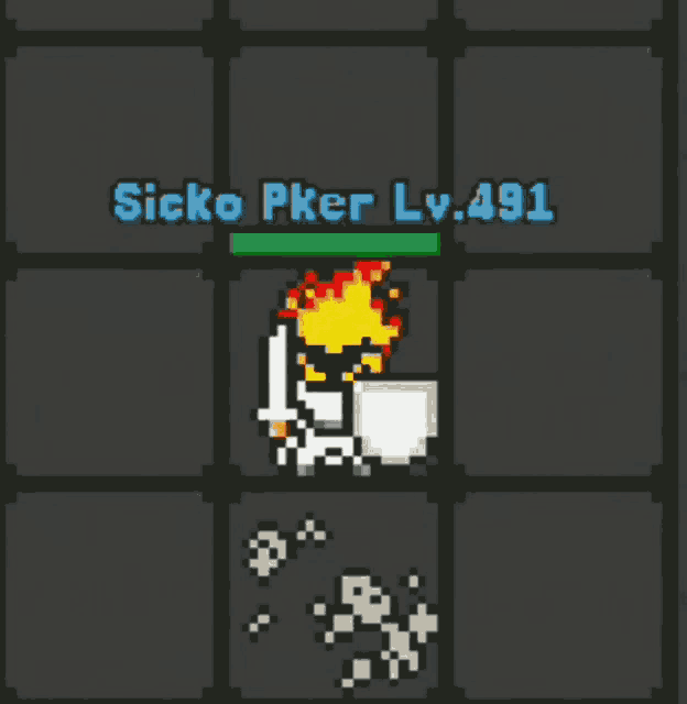 a pixel art drawing of a ghost with a fire coming out of its head and the words sicko pker lv 491 above it