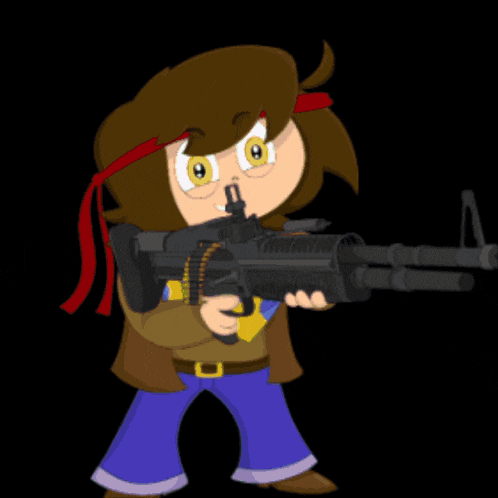 a cartoon character holding a gun with a red headband on