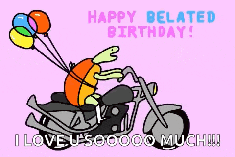 a cartoon of a turtle riding a motorcycle with balloons attached to it .