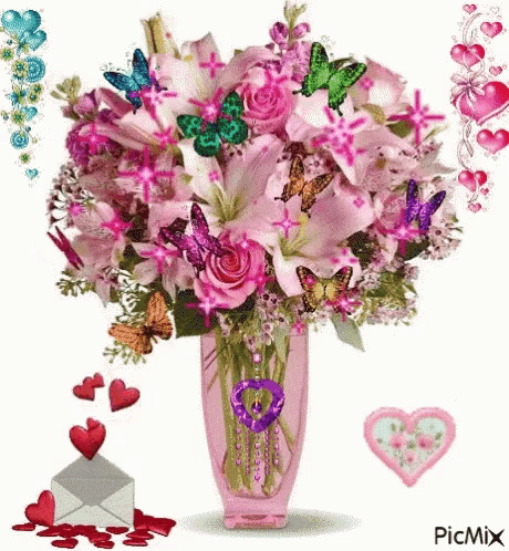 a pink vase filled with pink flowers and butterflies surrounded by hearts and envelope