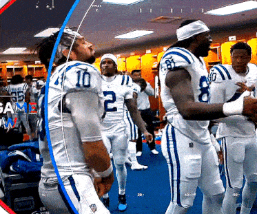 a group of football players are standing in a locker room with the number 10 on their jersey