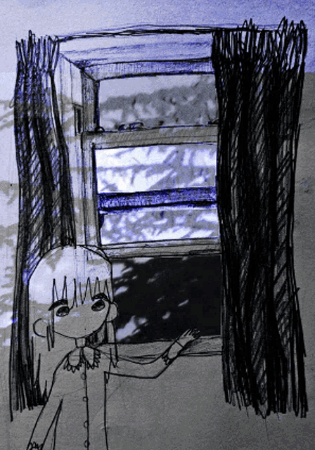a drawing of a girl standing in front of a window with the letter m on her head