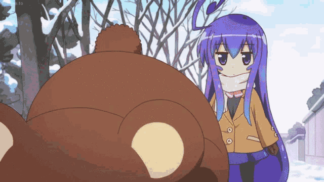a girl with long purple hair is standing next to a teddy bear