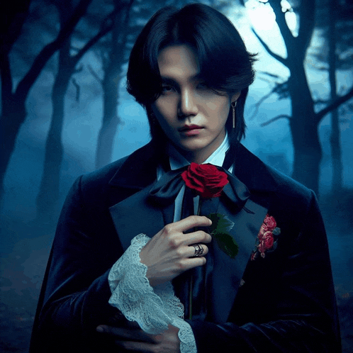 a man in a tuxedo holding a red rose