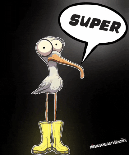 a cartoon of a bird wearing yellow rain boots with a speech bubble that says super