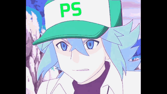 a boy with blue hair wearing a green hat with the letter ps on it